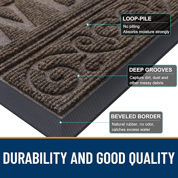 OLANLY Welcome Door Mat Indoor Outdoor Entrance, Heavy Duty Sturdy Front Door Mat, Waterproof All-Weather Doormat, Stain Resistant, Low Profile, Easy Clean Patio Entryway Mat, 47 x 32, Medium Brown