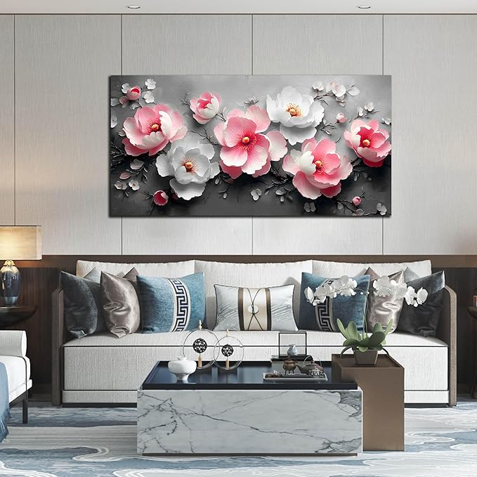 Flower Canvas Wall Art for Living Room - Pink and White Room Decor for Women - Girls Bedroom Wall Decor Size 29" x 59"