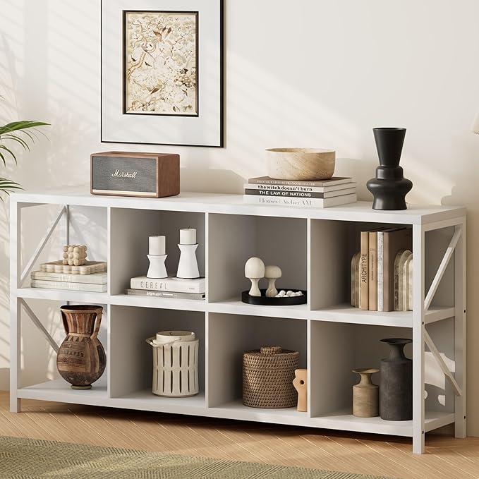 8 Cube Storage Organizer Bookshelf, Industrial Horizontal Bookcase, Accent Cubby Shelf, Media Console Table for Living Room, Home Office, 13.6" D x 63" W x 30.9" H, White