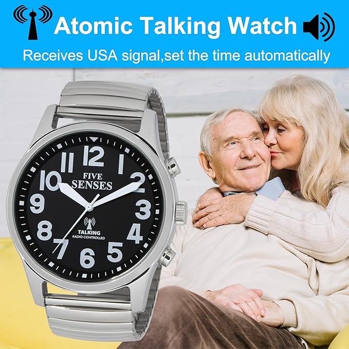 FIVE SENSES English Atomic Jumbo Size (43mm /1.75in) Metal Talking Watch with Loud Alarm Clock for Visually impaired, Elderly Person 1523 (Black)
