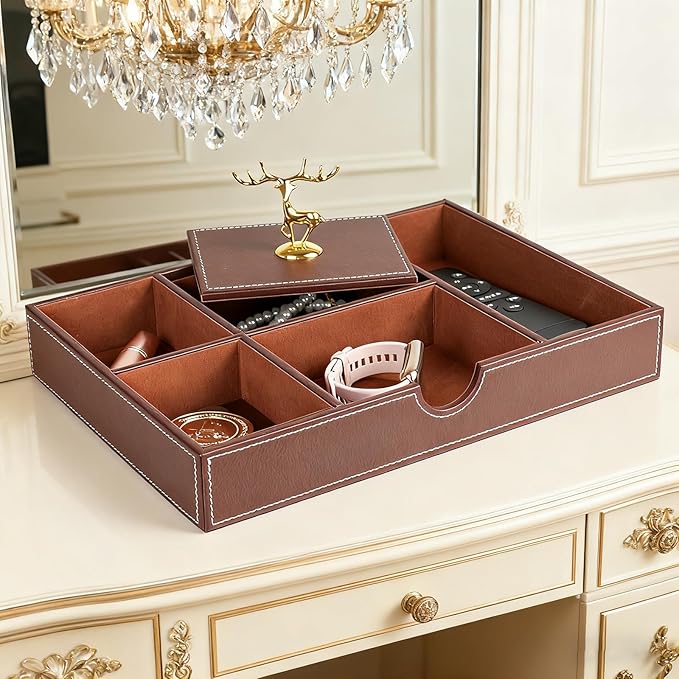 Jewelry Trays Nightstand Organizer, Valet Tray for Men and Women, Tray Organizer,Can hold Mobile phones, watches, cosmetics, keys. Dark Brown Faux Leather, 5 Compartment