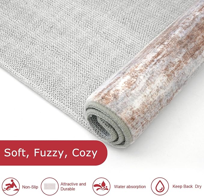 KOZYFLY Modern Abstract Small Area Rugs 2x3, Washable Kitchen Rug Non-Slip Soft Small Bathroom Rug, Grey Brown Striped Entryway Rugs Print Faux Wool Doormat for Bedside Entrance Bedroom Sink