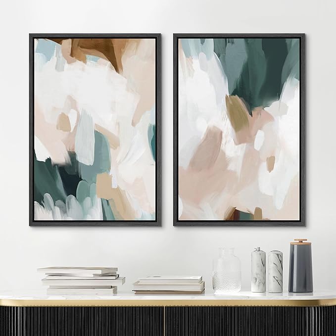 MUDECOR Framed Canvas Print Wall Art Watercolor Pastel White Blue Pattern Abstract Illustrations Modern Art Decorative Bohemian Colorful Chic for Living Room, Bedroom, Office - 24"x36"x2 Black