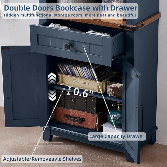 72in Tall Bookshelf 7 Tier Bookcase with Drawer and Barn Doors and Adjustable Shelves, Blue Farmhouse Book Shelf with Storage Cabinet, Wood Freestanding Display Bookshelves for Kitchen (4PCS)