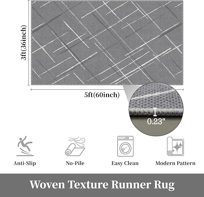 3x5 Area Rug Washable Entryway Rug Non Slip Modern Tear and Stain Resistance No Pile Lightweight Throw Rugs Carpet for Kitchen, Entrance, Foyer, Bedside, Mudroom, Gray