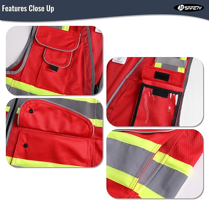 JKSafety 11 Pockets Hi-Vis Black Mesh Safety Vest for Men Women High Visibility Reflective Construction with Zipper Work Utility PPE Work Gear ANSI/ISEA compliant (102-Red L)