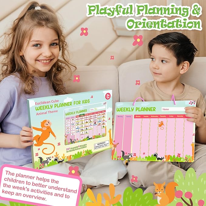 Euclidean Cube Weekly Planner for Kids - Magnetic Behavior Board Calendar with 237 Magnets, Storage Box, Easels, Hooks, Cord & Pen - Daily Routine and Chore Chart - Visual Schedule for Kids 3+ (Animal Theme)