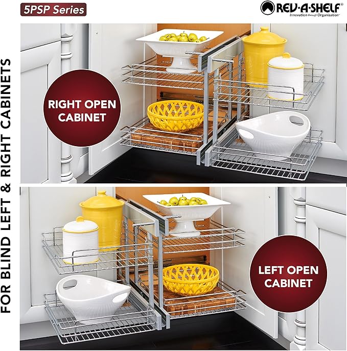 Rev-A-Shelf Dual Tier Pullout Shelf Storage Organizer for Blind Corner Kitchen or Bathroom Cabinets,18", 4 Shelves, Silver, 5PSP-18-CR