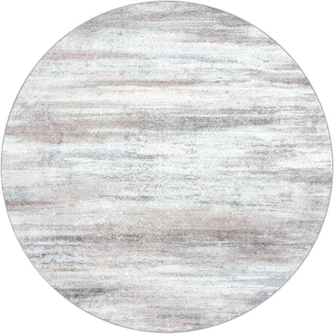 KOZYFLY Modern Abstract Round Rug 5Ft, Washable Kitchen Rug Non-Slip Soft Bathroom Circle Rug, Beige Striped Entryway Rugs Abstract Print Faux Wool Doormat for Bedside Entrance Bedroom Sink