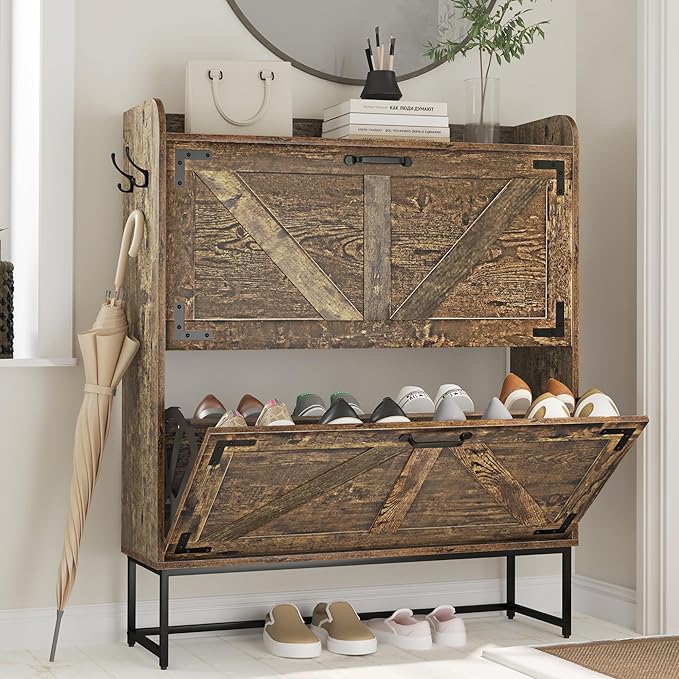 Shoe Cabinet Storage for Entryway with 2 Flip Drawers, 31.5’’ W Hidden Shoe Cabinet with Metal Legs & Hooks, Farmhouse Narrow Shoe Organizer for Hallway, Rustic Brown