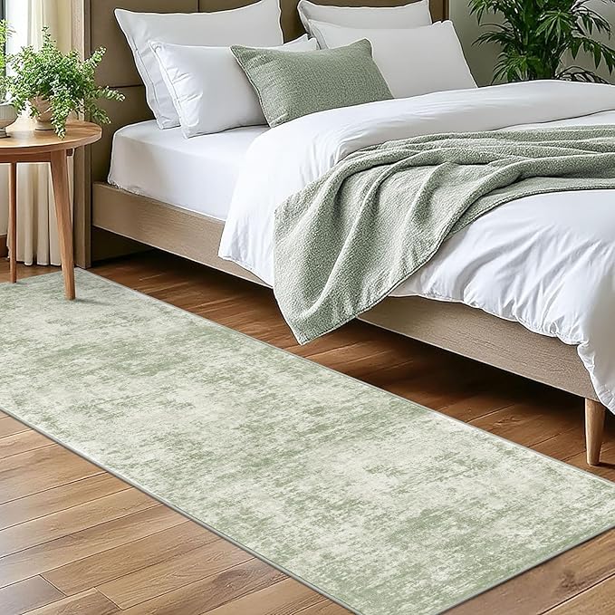 Modern Abstract Runner Rug for Bedroom 2x7, Sage Green Grey Washable Kitchen Runner, Non-Slip Soft Thin Faux Wool Mat for Entryway, Hallway, Laundry Room Indoor