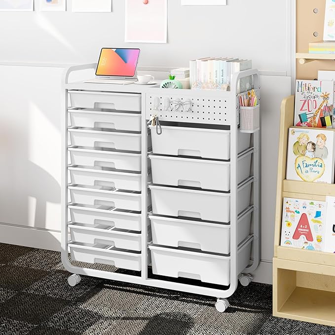 Rolling Storage Cart with 14 Drawers, Storage Organizer Cart with Tabletop and Pegboard,Utility Cart for Living Room, Classroom, Bedroom,Bathroom,Dorm,Office (White)