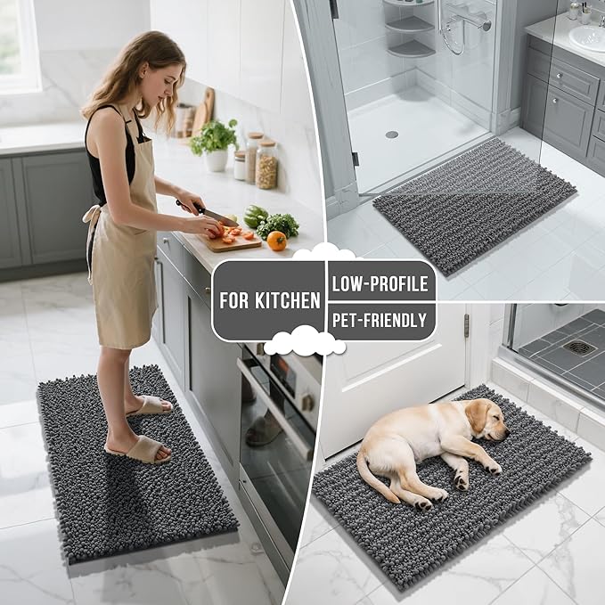 Yimobra Bathroom Runner Rug 60x24 Inch - Extra Long Non Slip Chenille Bath Mat, Soft & Absorbent, Machine Washable Shaggy Hallway Carpet for Vanity Tub Shower, Dark Gray Home Decor Accessories