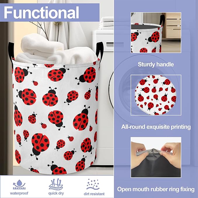 Cute Red Ladybugs Laundry Hamper Large Canvas Fabric Lightweight Storage Basket/Dirty Clothes Collapsible Waterproof for College Dorms, Boys and Girls Bedroom,Bathroom