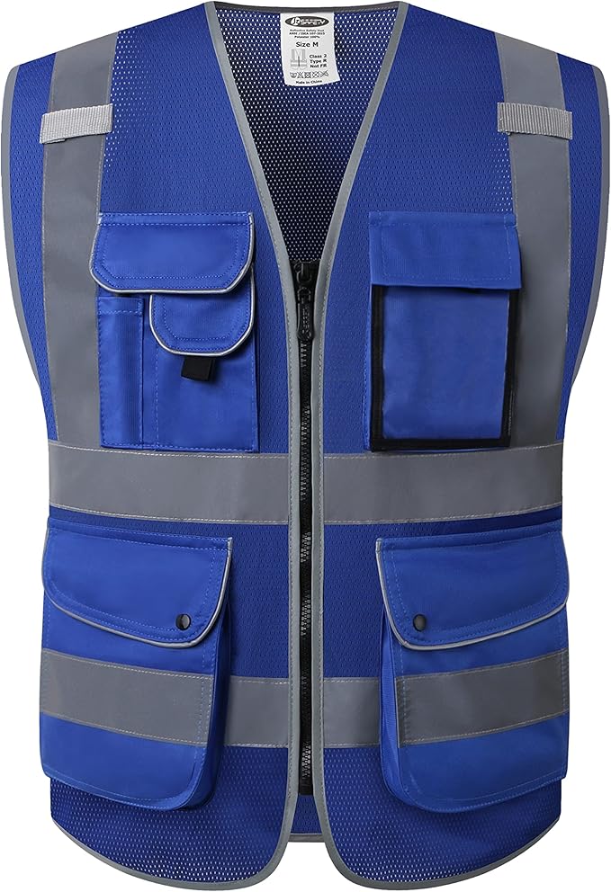 JKSafety 9 Pockets High Visibility Safety Vest for Men and Women, Hi-Vis Reflective Blue Safety Vests with Zipper Front, Meet ANSI/ISEA Standards(159-Blue 5XL)