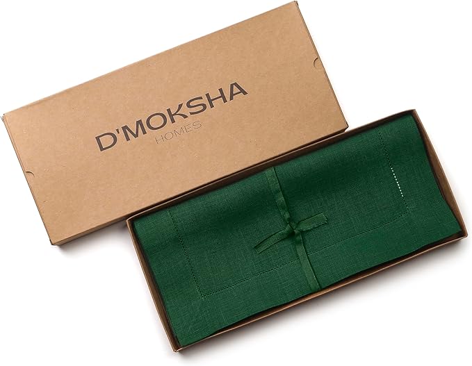 D'Moksha Homes Linen Forest Green Table Runner 132 Inches Long - 100% Pure Linen Extra Long Table Runner 14 x 132 Inch for St Patricks Day, Easter - Classic Hemstitch
