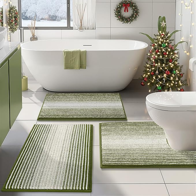 BSICPRO Bathroom Rugs Sets 3 Piece, Toilet Rugs U-Shaped Contour Bath Mat Set, Striped Absorbent Non Slip Chenille Shower Mat, Sage
