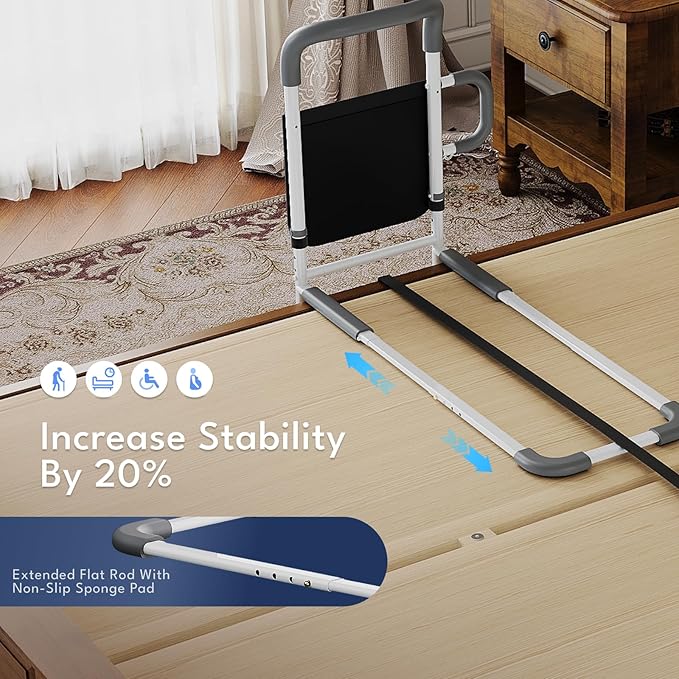 HOMEAL Bed Rails for Elderly Adults Safety - Adjustable Bedside Assist Rails for Seniors with Non-Slip Ergonomic Handle & Fixing Strap, 350 Tested,Fits Twin, Full, Queen, King Bed(Black,Without Light)