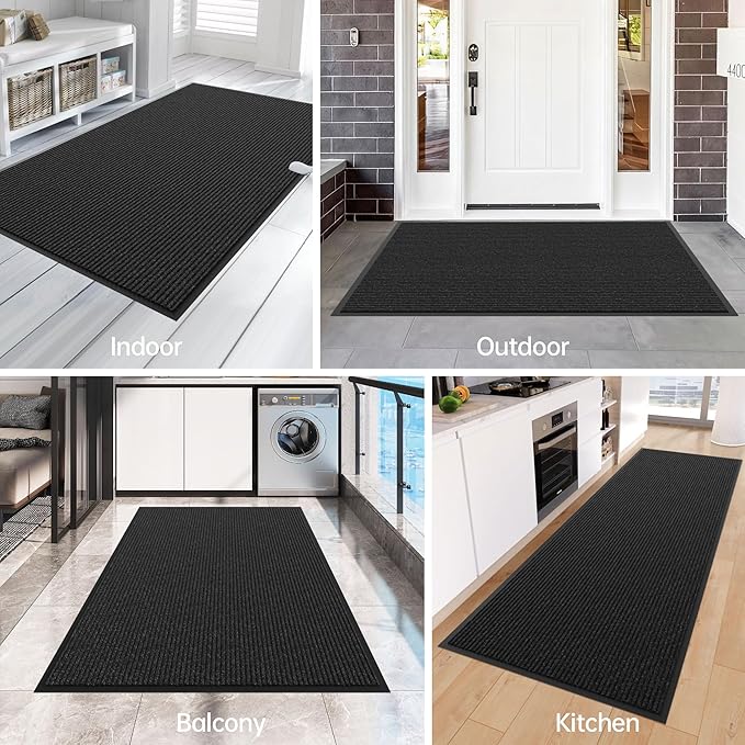 Front Door Mat, 10' x 3' Heavy Duty Indoor Outdoor Door Mat Entrance, Commercial Welcome Mats, Stain and Fade Resistant, Durable Rubber Backing, Low Profile Entry Mat for Patio, Black Stripe