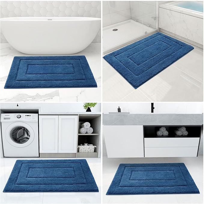 Buganda Bathroom Rugs, 47" x 24", Soft and Absorbent Microfiber Bath Rugs, Non-Slip Shaggy Shower Carpet, Machine Wash Dry Bath Mats for Bathroom Floor, Tub and Shower, Navy