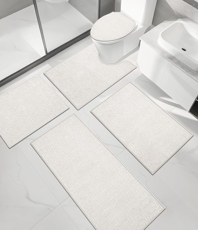 chakme Bathroom Rug Sets 5 Piece, Ultra Thin Bath Mat Quick Dry, Absorbent, Non Slip, Machine Washable, White, 17" x 24"