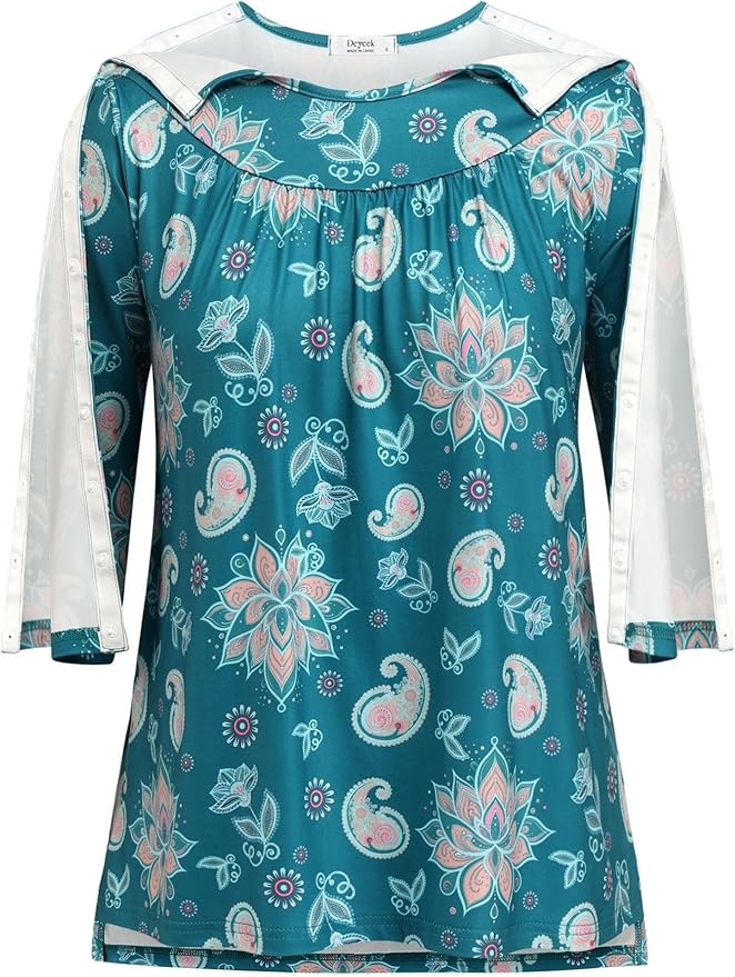 Deyeek Post Shoulder Surgery Shirt for Women Chemo Tear Away Shirt Snap Button 3/4 Sleeve Recovery Adaptive Clothing