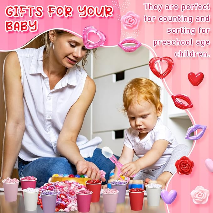 230 Pcs Valentine Fine Motor Skills Sensory Bin Filler Includes 5 Style 214 Acrylic Gems 4 Tweezers 2 Scissors Clips 10 Cups for Early Education Sorting Counting Training Development