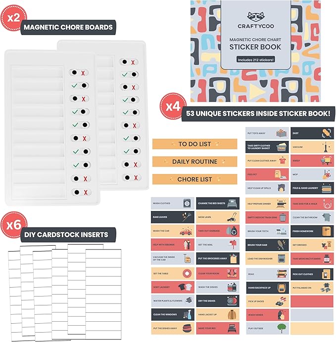 Magnetic Checklist Chore Board with Chore Sticker Book, Chores Chart for Kids, Set of 2 Magnetic Customizable Chore Charts with Insert Paper and 212 Stickers, Chore Chart for Multiple Kids