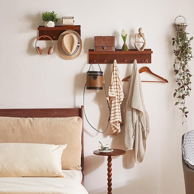 Coat Hook Wall Mount with Shelf, 15.75in Wood Wall Hooks with Storage, for Entryway, Bathroom, Kitchen, Walnut Color YD-WS0240H