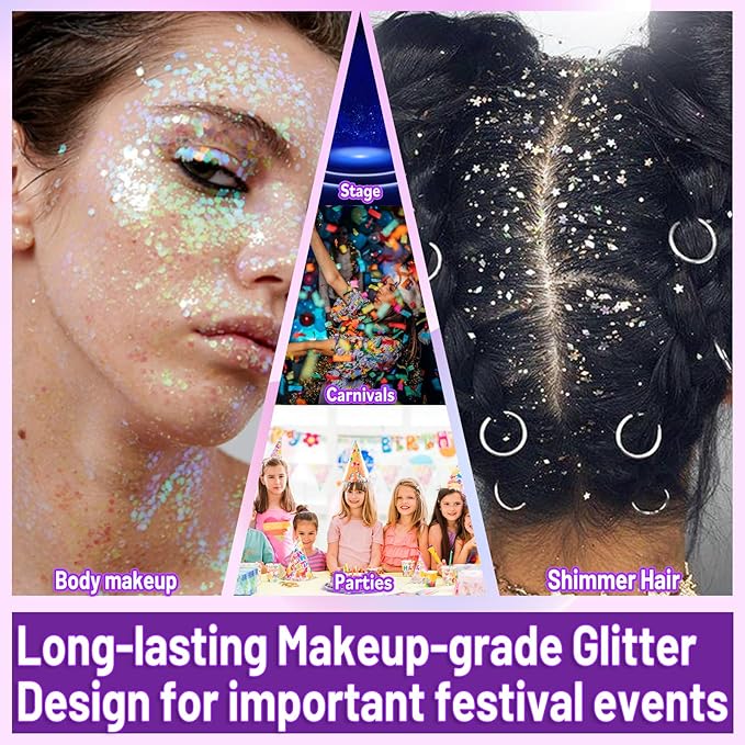 Allstarry Holographic Chunky Body Glitter 12 Colors Cosmetic Face Glitter Makeup Colorful Mermaid Sequins Hair Face Paint Sparkling Festival Outfits Rave Accessories for Women Makeup