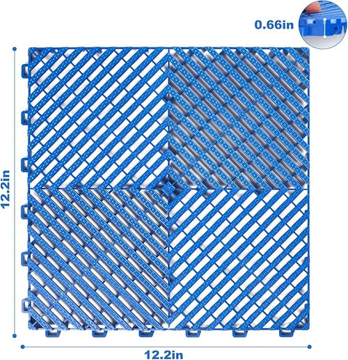 12Pack Modular Interlocking Grille Tile 12"x12"x0.66" Heavy Duty Mat for Garage Flooring Car Washing Facility Drain Balcony Yard Deck Floor (Blue)