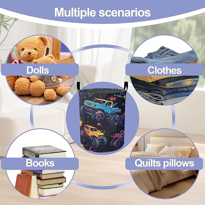 Colorful Trucks Laundry Hamper Large Canvas Fabric Lightweight Storage Basket/Dirty Clothes Collapsible Waterproof for College Dorms, Boys and Girls Bedroom,Bathroom