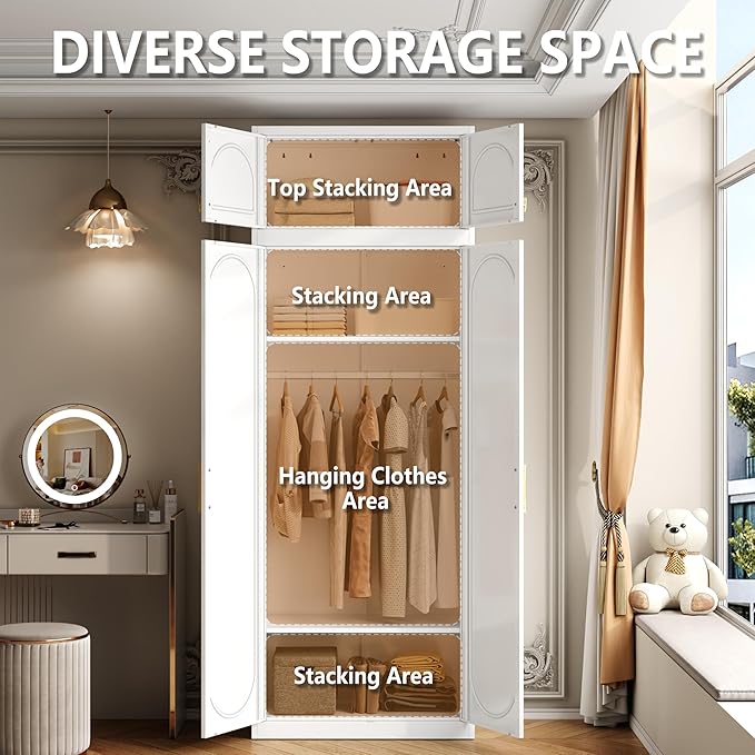 Armoire Wardrobe Closet with Hanging Rod, 86 Inch Tall Metal Wardrobe Cabinet, Metal Armoire with Doors, Large Freestanding Wardrobes for Bedroom, 18"D x 32"W x 86"H, White, Assemble Required