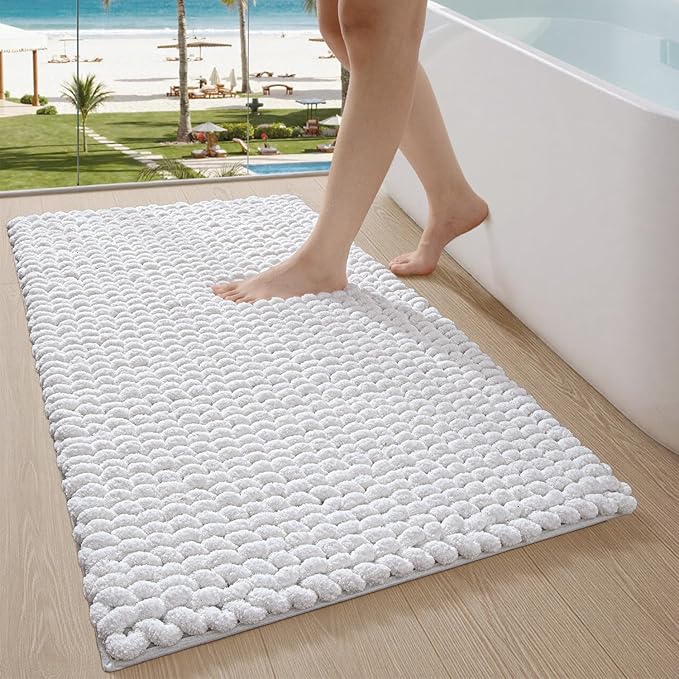 LUMI Luxury Bathroom Rug, Ultra Soft Quick Dry Bath Mat, Non-Slip Absorbent Thick Chenille Bath Rug, Cozy Braid Design Floor Mat for Bathtub, Sink, Laundry, Bedroom, White, 24"x43"