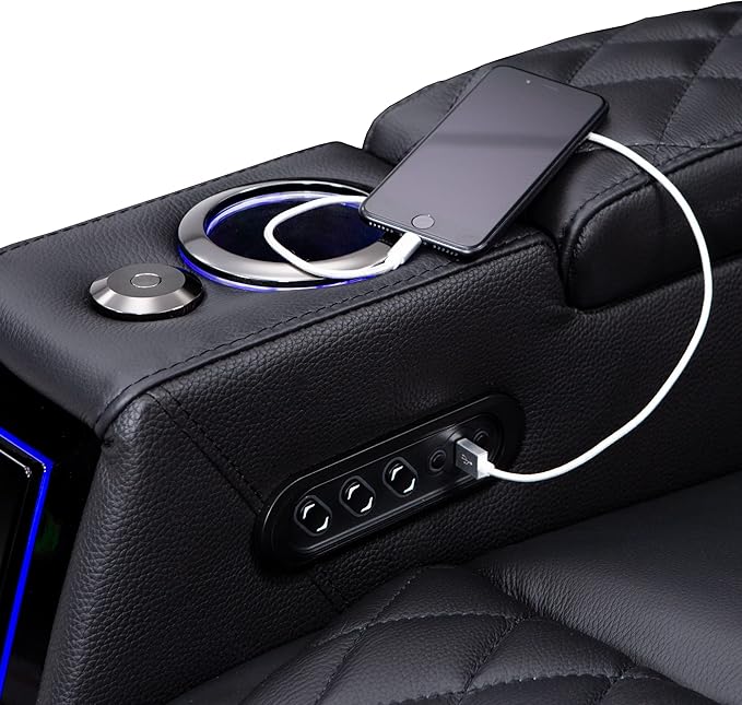 Seatcraft Apex Home Theater Seating, Living Room, Powered Headrest, Powered Lumbar, Powered Recline, Italian Leather, USB Charging, Single Recliner, Black