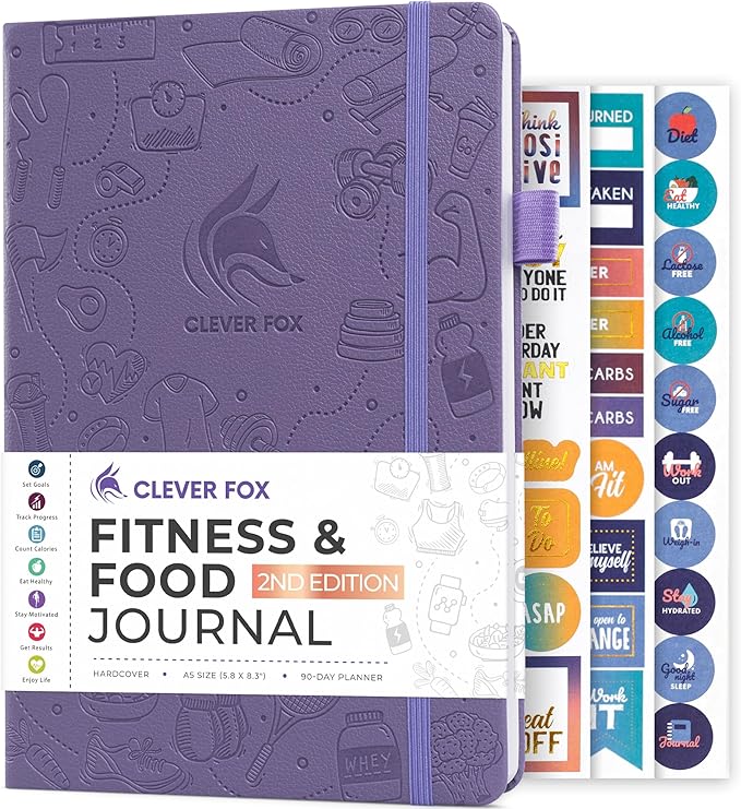 Clever Fox Fitness & Food Journal – Nutrition & Workout Planner for Women & Men – Diet & Gym Exercise Log Book with Calendars, Diet & Training Trackers - Undated, A5 Size, Hardcover (Lavender)