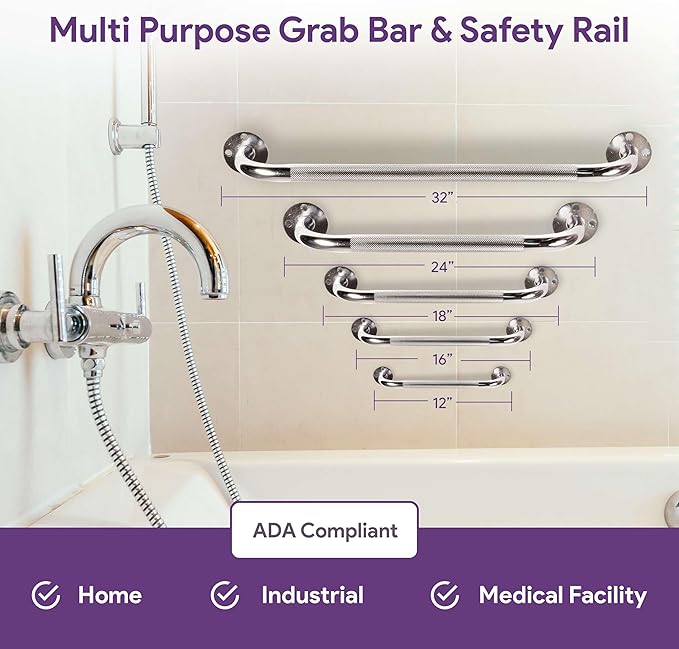 16 Inch Grab Bars for Bathtubs and Showers - Chrome Knurled Bathroom Safety Rail Handle - Non Slip Textured Grip Handicap Grab Bar for Seniors, 250 lbs Weight Support Capacity