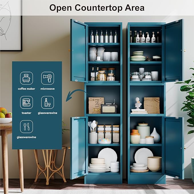 2-Door Metal Storage Cabinet, Tall Slim Pantry Organizer with 3 Adjustable Shelves (120LBS/Shelf), Anti-Tipping Waterproof Cabinet for Bathroom/Kitchen/Home Office/Small Spaces,(1PC,Blue)