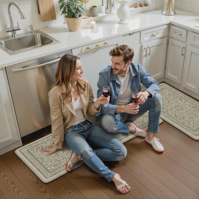 KIMODE Anti Fatigue Kitchen Mats for Floor, Boho Floral Kitchen Rugs Sets of 2, Cushioned Kitchen Floor Mats Non Slip, Comfort Rugs for Kitchen Floor Sink Laundry Desk Beige 17.3"x29"+17.3"x47"