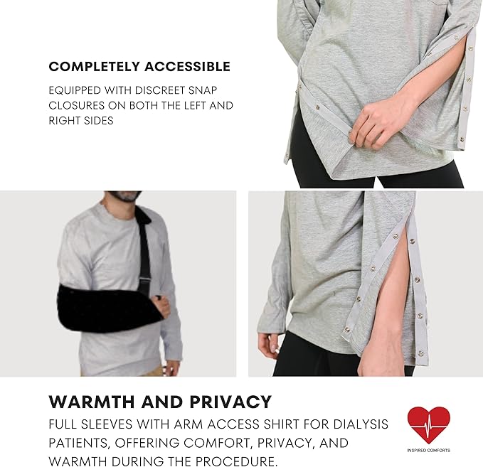 Inspired Comforts Unisex Post-Surgery/Dialysis Shirt | Full Tearaway Design with Easy-Open Shoulder, Arm & Side Snaps