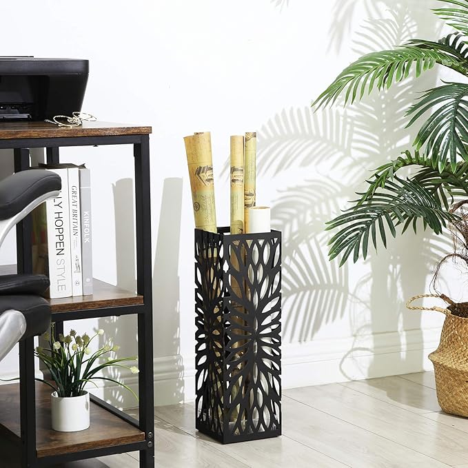 SONGMICS Umbrella Stand, Umbrella Holder for Entryway, Steel Square Umbrella Rack Organizer Freestanding, for Canes Walking Sticks, with a Detachable Drip Tray, 4 Hooks, Black ULUC48B