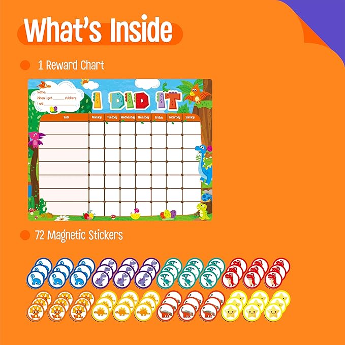 Magnetic Reward Chart, Dry Erase Task Board-One Chart & 72 Magnetic Reward Magnets, Dinosaur Theme Behavior Tracker for Daily Routine, Potty Training