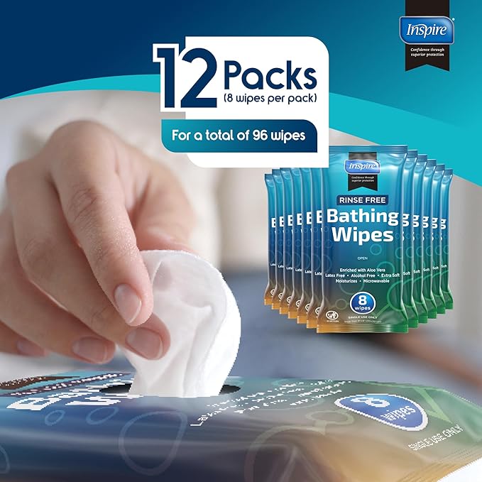 Body Wipes for adults bathing no rinse | Adult Wash Cloths Extra Large, Bathing Wipes for Incontinence With Aloe Vera, 8"x 8" In (96 count) | By Inspire