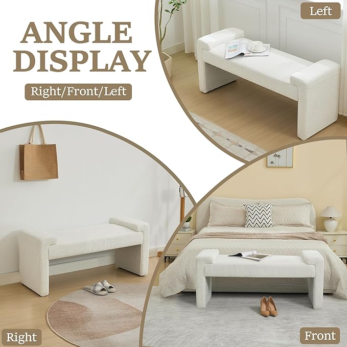 43" End of Bed Bench Upholstered Modern Bedroom Bench for Living Room & Entryway, Easy Assembly, Footrest Ottoman Accent Window Bench with Solid Wood Frame & Curved Arm, White