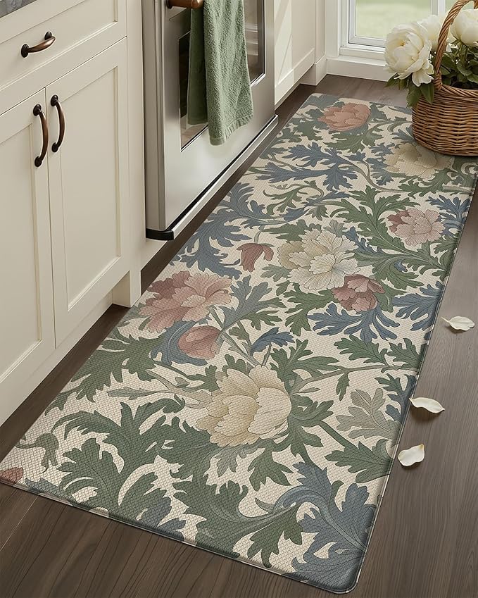 Color&Geometry Floral Kitchen Mat 24"x59", Anti Fatigue Mats for Kitchen Floor, Kitchen Rugs Non Slip, Waterproof & Oil Proof Kitchen Runner for Standing Desk Office, Sink - Floral Beige