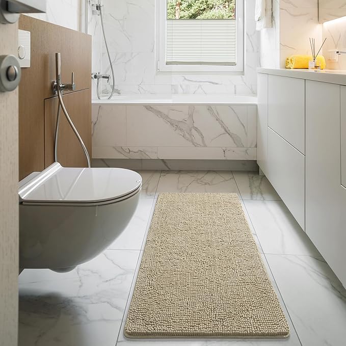 LOCHAS Luxury Bathroom Rug Shaggy Bath Mat 48 x 17 Inch, Washable Non Slip Bath Rugs for Bathroom Shower, Soft Plush Chenille Absorbent Carpets Mats, Beige