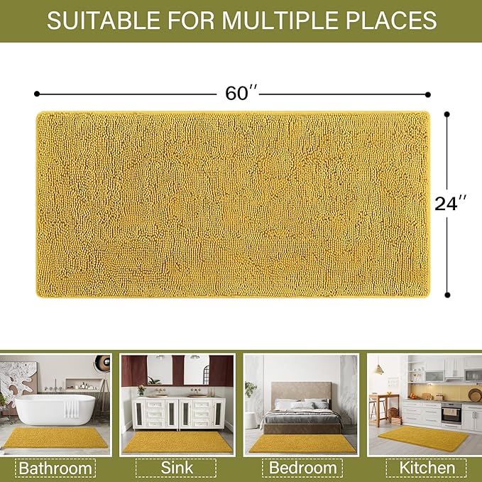LOCHAS Luxury Bathroom Rug Shaggy Bath Mat 24 x 60 Inch, Washable Non Slip Bath Rugs for Bathroom Shower, Soft Plush Chenille Absorbent Carpets Mats, Yellow