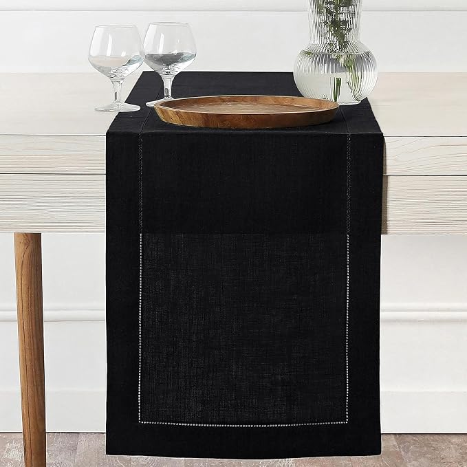 D'Moksha Homes Linen Black Table Runner 60 Inches - Classic Hemstitch, 100% Pure Linen Coffee Table Runner 14 x 60 Inch Ideal for Dresser Tables - Spring, Easter