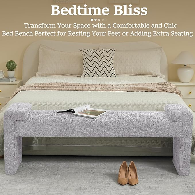 58.7" End of Bed Bench Upholstered Modern Bedroom Bench for Living Room & Entryway, Easy Assembly, Footrest Ottoman Accent Window Bench with Solid Wood Frame & Curved Arm, Grey