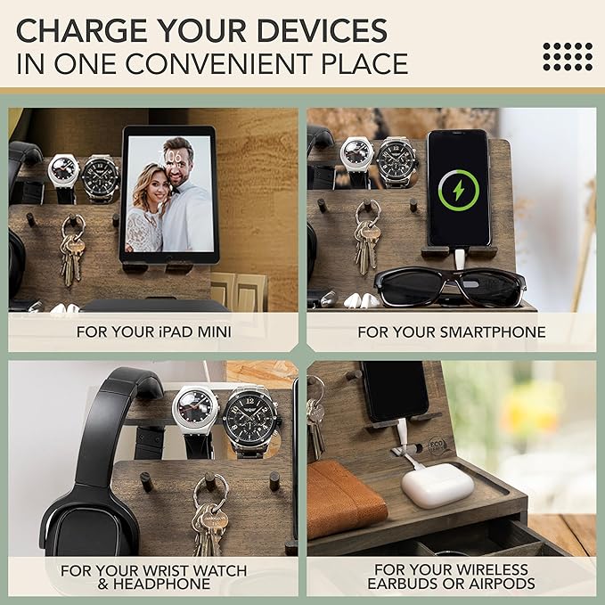 Nightstand Organizer for Men- Bedside Table Organizer with Drawer for Cellphone, Watches, Sunglasses & Accessories- Makes an Ideal Gift for Dad or Son (Rustic)